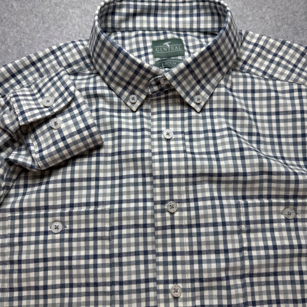 Genteal Mens Flannel Button Down Shirt‎ Medium Navy Grey Check Plaid Long Sleeve